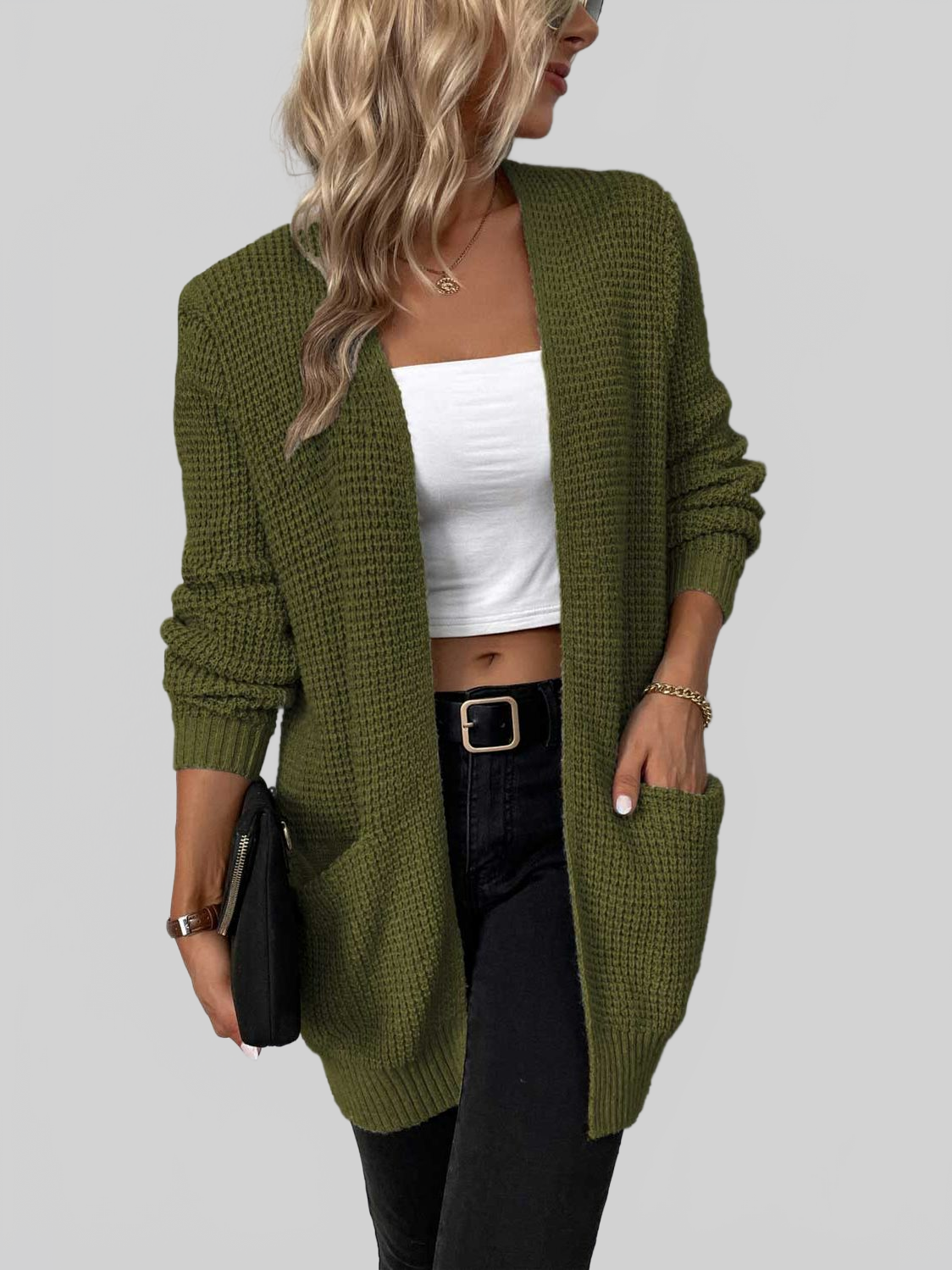 Rib-Knit Open Front Pocketed Cardigan nicholesgifts