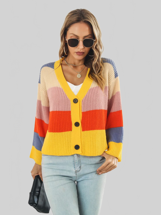 Color Block Button-Down Dropped Shoulder Cardigan Trendsi