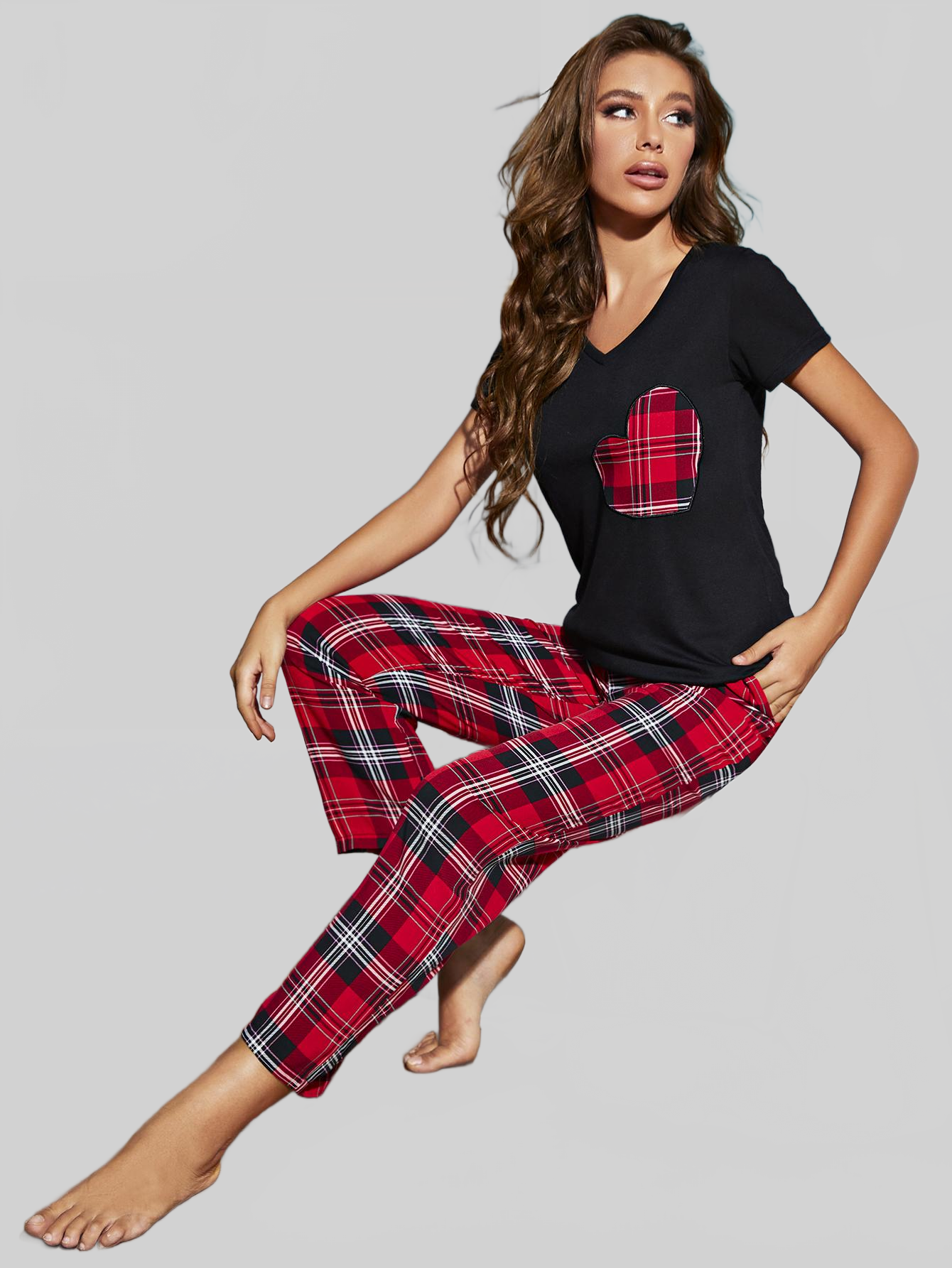Heart Graphic V-Neck Top and Plaid Pants Lounge Set nicholesgifts