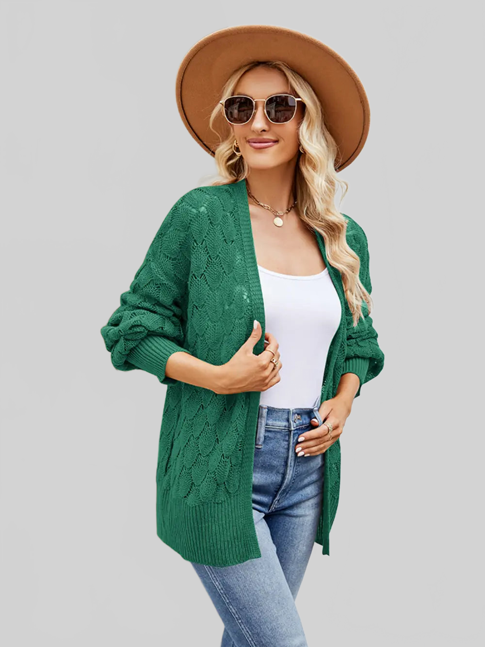 Women Openwork Open Front Lantern Sleeve Cardigan nicholesgifts
