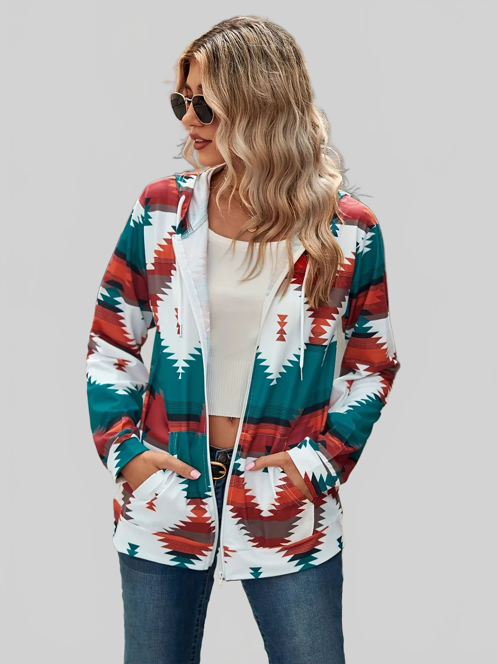 Geometric Zip Up Long Sleeve Hooded Jacket nicholesgifts