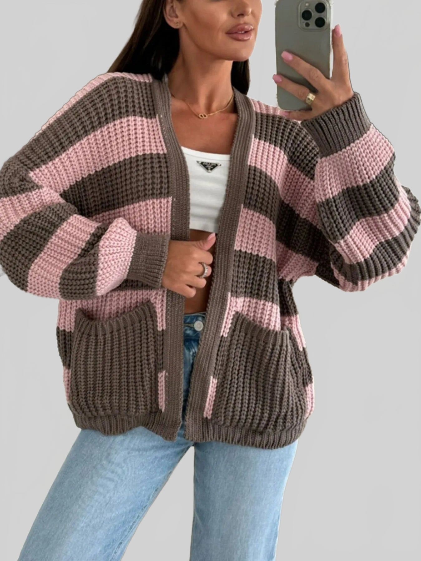 Striped Open Front Long Sleeve Cardigan nicholesgifts