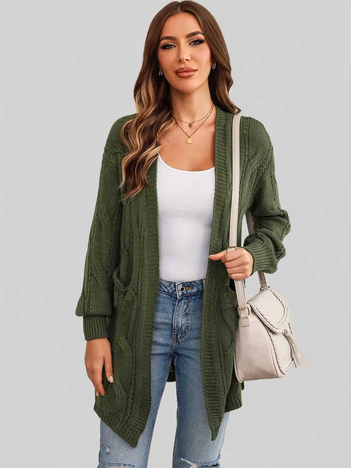 Women Cable-Knit Dropped Shoulder Slit Cardigan nicholesgifts