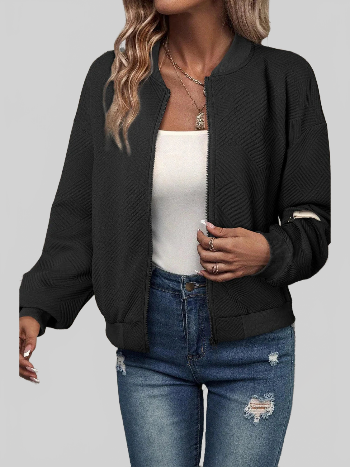 Textured Zip Up Baseball Collar Jacket nicholesgifts