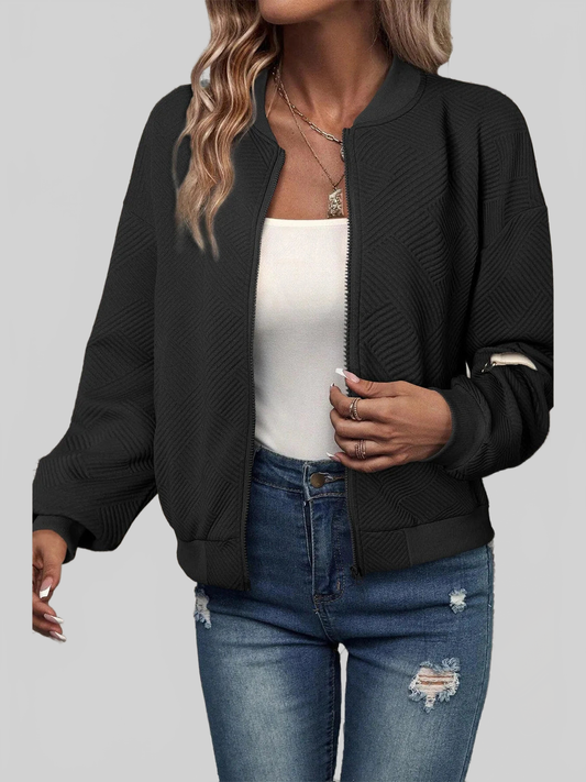 Textured Zip Up Baseball Collar Jacket nicholesgifts