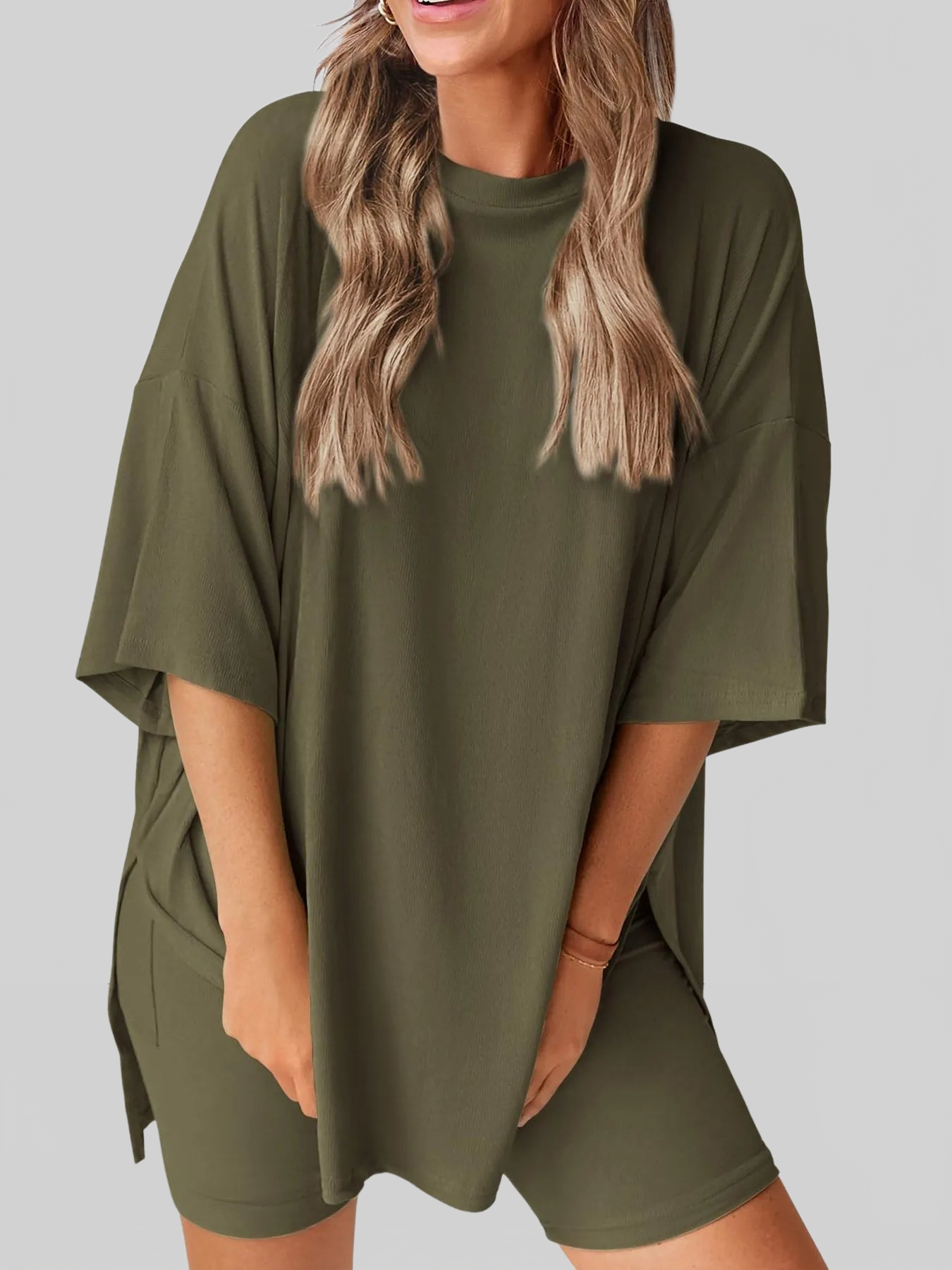 Full Size Oversized Slit Round Neck Top and Shorts Lounge Set Plus Size nicholesgifts