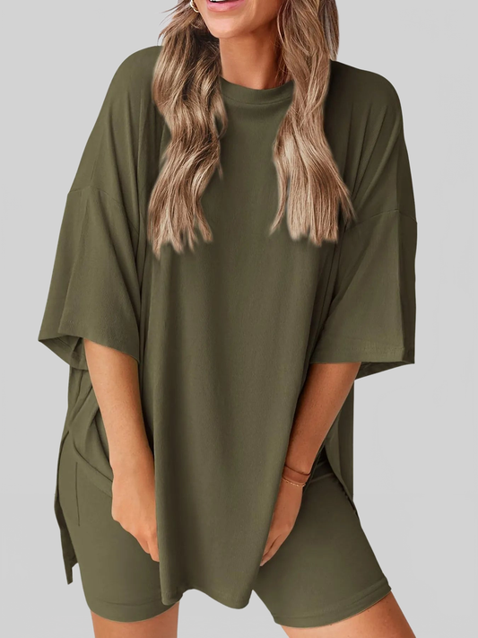 Full Size Oversized Slit Round Neck Top and Shorts Lounge Set Plus Size nicholesgifts