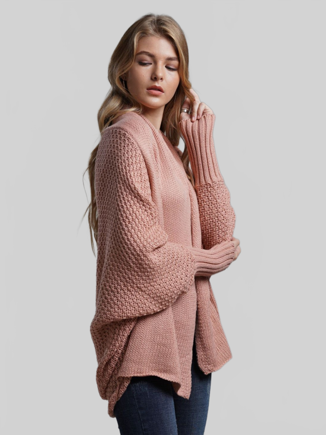 Dolman Sleeve Open Front Ribbed Trim Longline Cardigan nicholesgifts