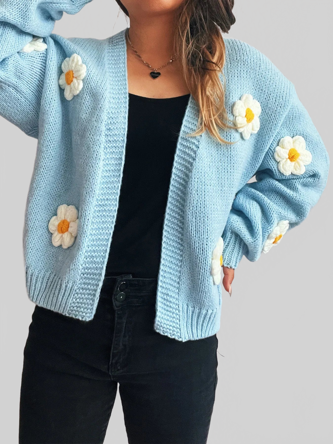 Flower Open Front Long Sleeve Cardigan nicholesgifts