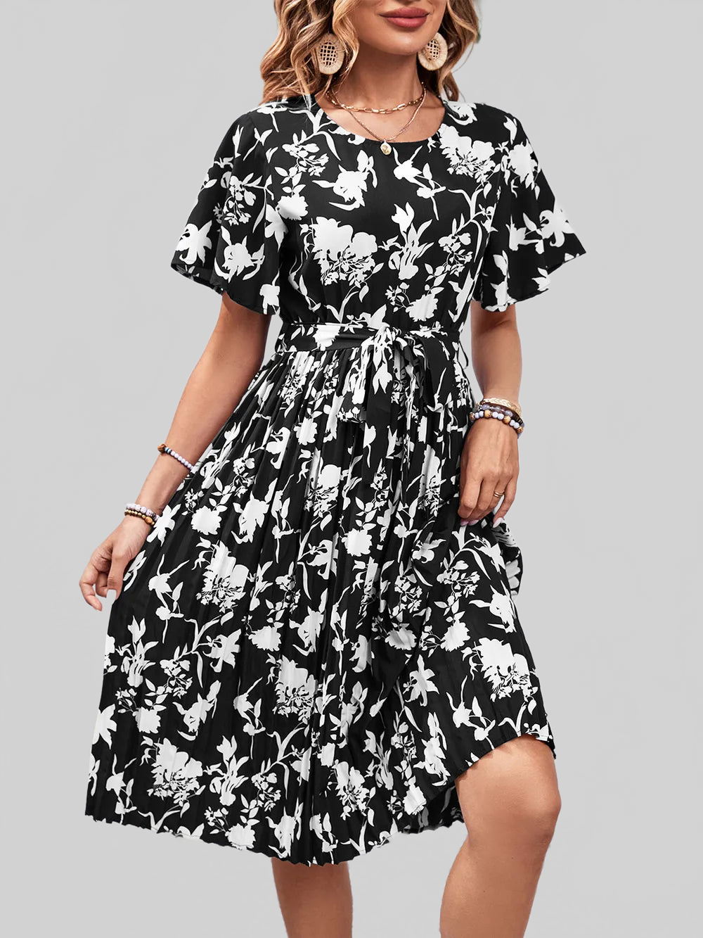 Perfee Printed Round Neck Short Sleeve Dress nicholesgifts