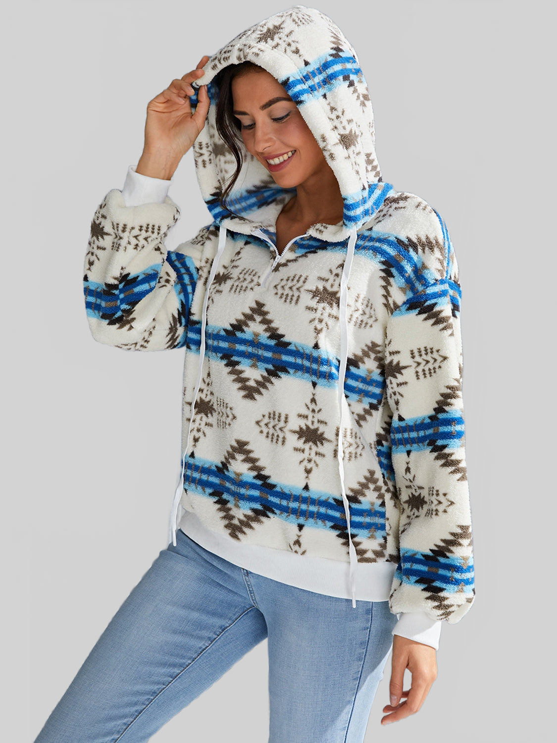 NicholesGifts Women Shiny Geometric Half Zip Drawstring Long Sleeve Hoodie NicholesGifts