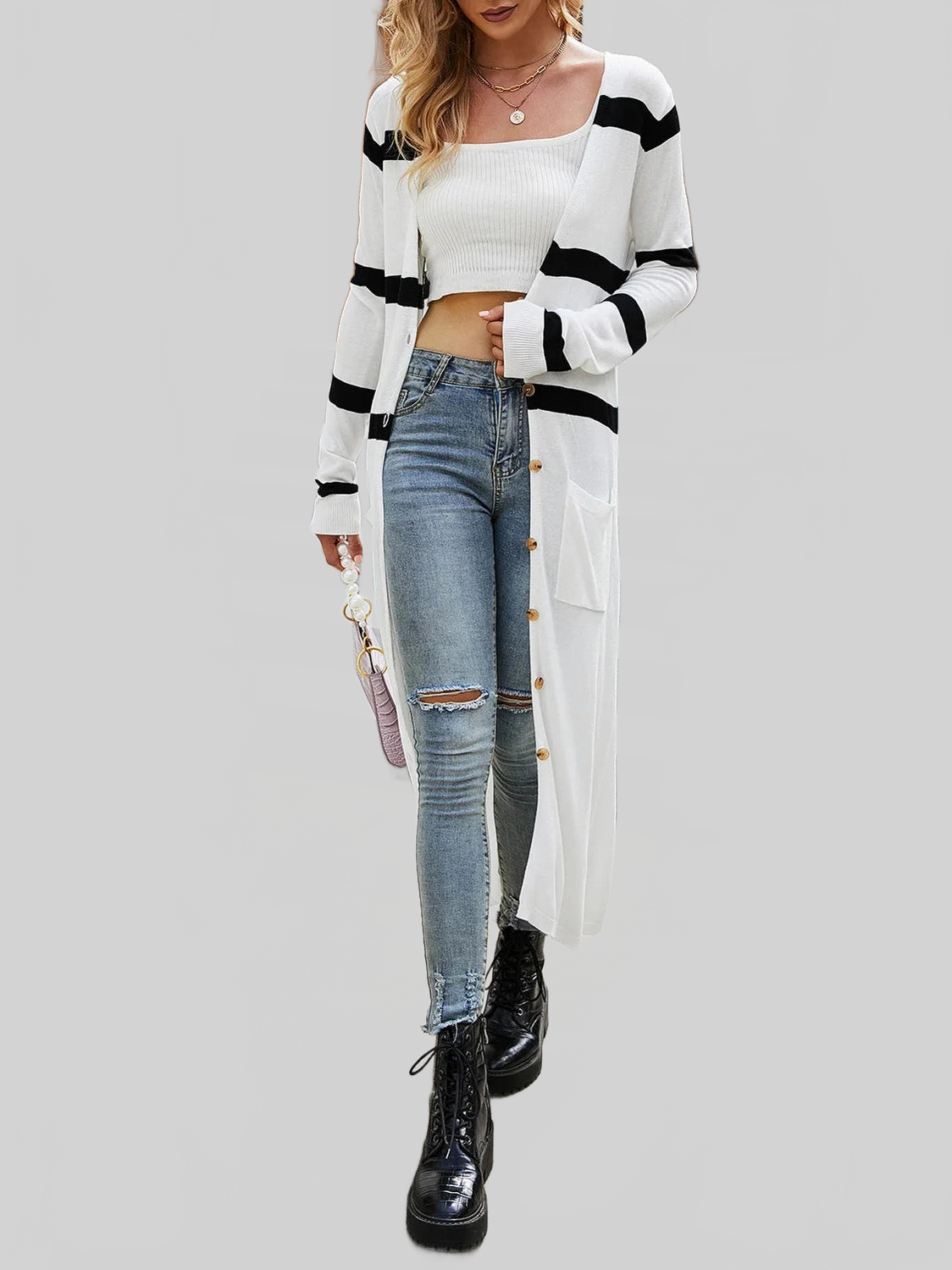 Women Pocketed Striped Button Up Cardigan nicholesgifts
