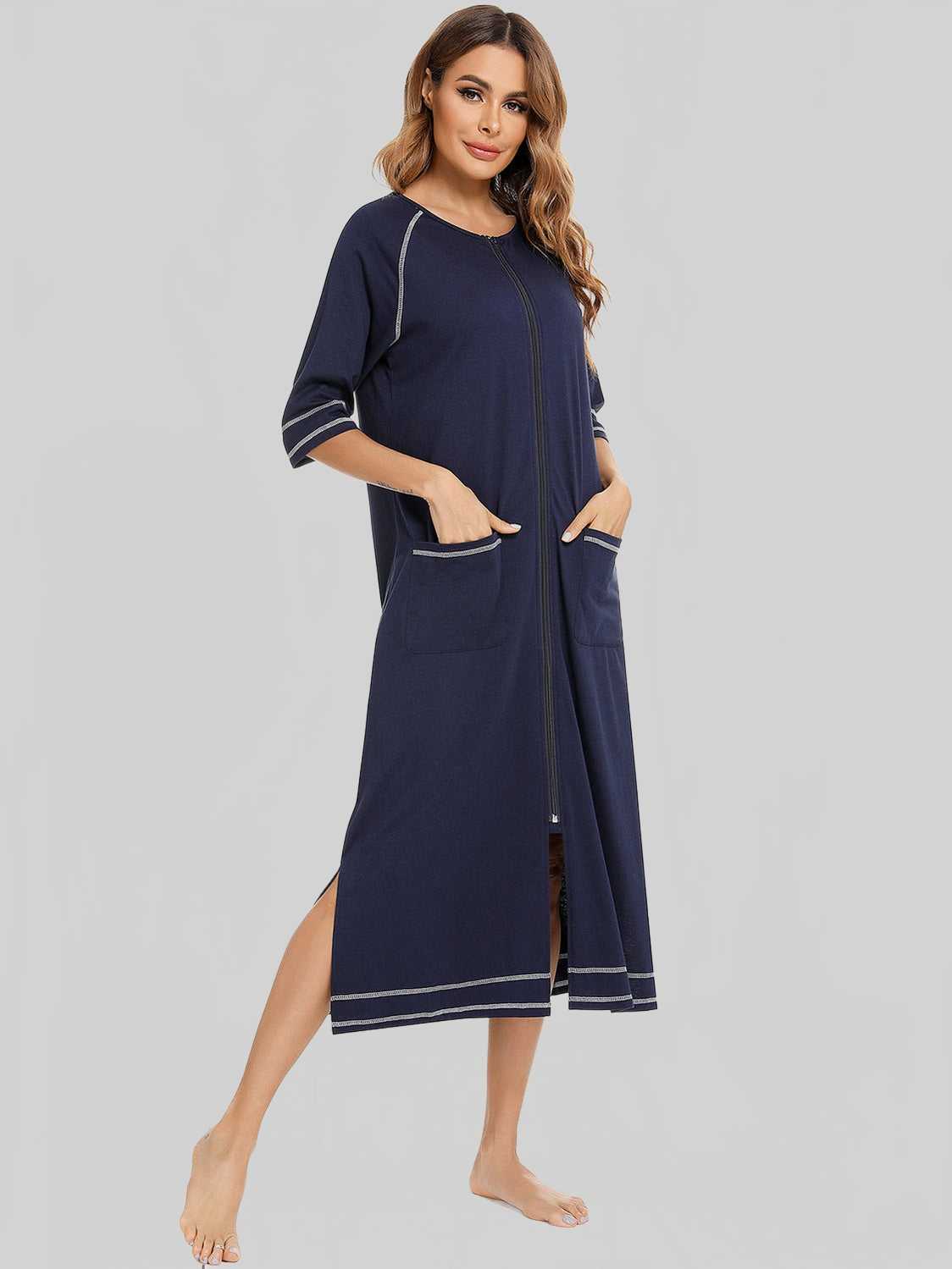 Zip Up Slit Round Neck Night Dress with Pockets nicholesgifts