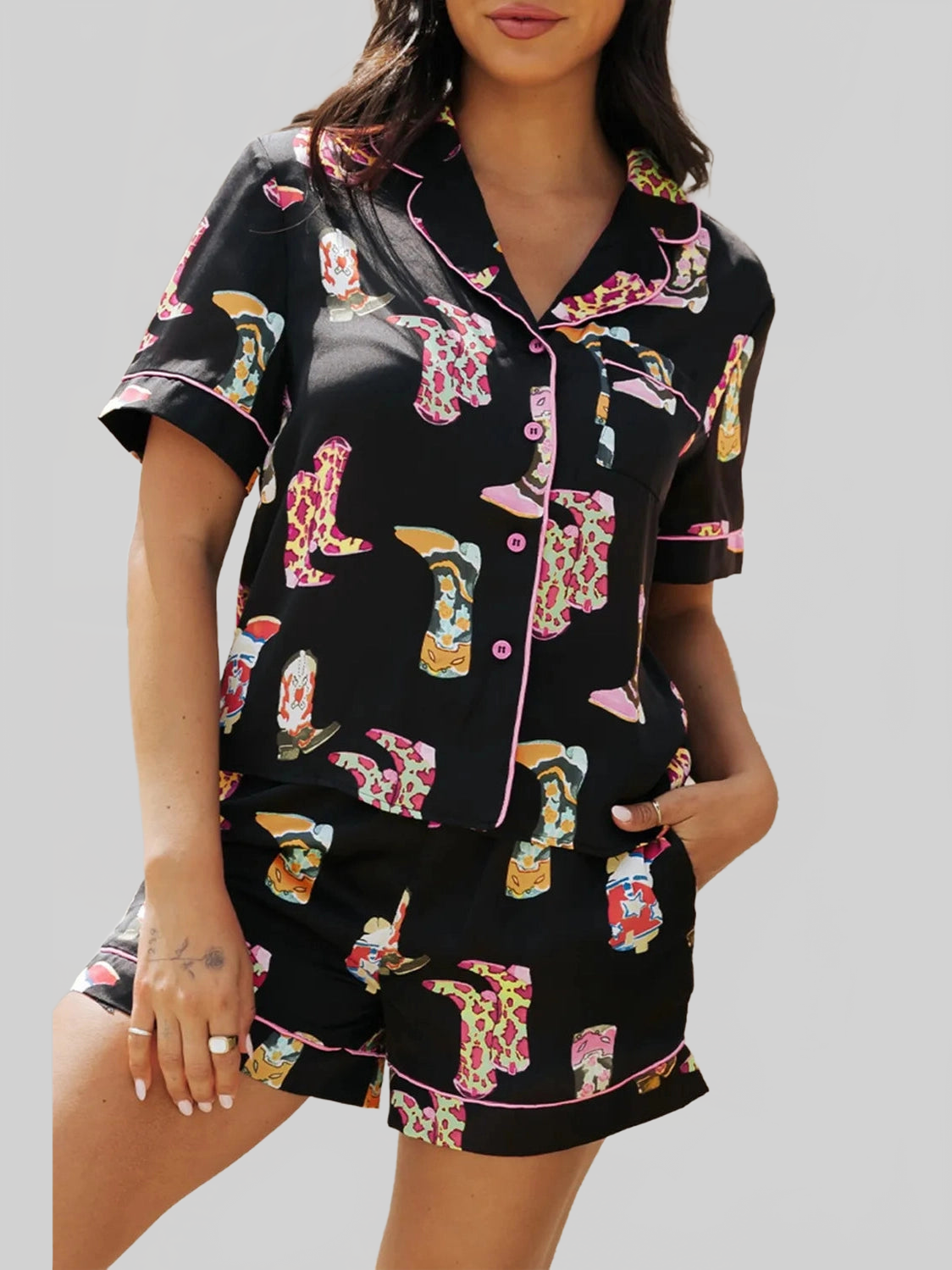 Printed Button Up Short Sleeve Top and Shorts Lounge Set nicholesgifts