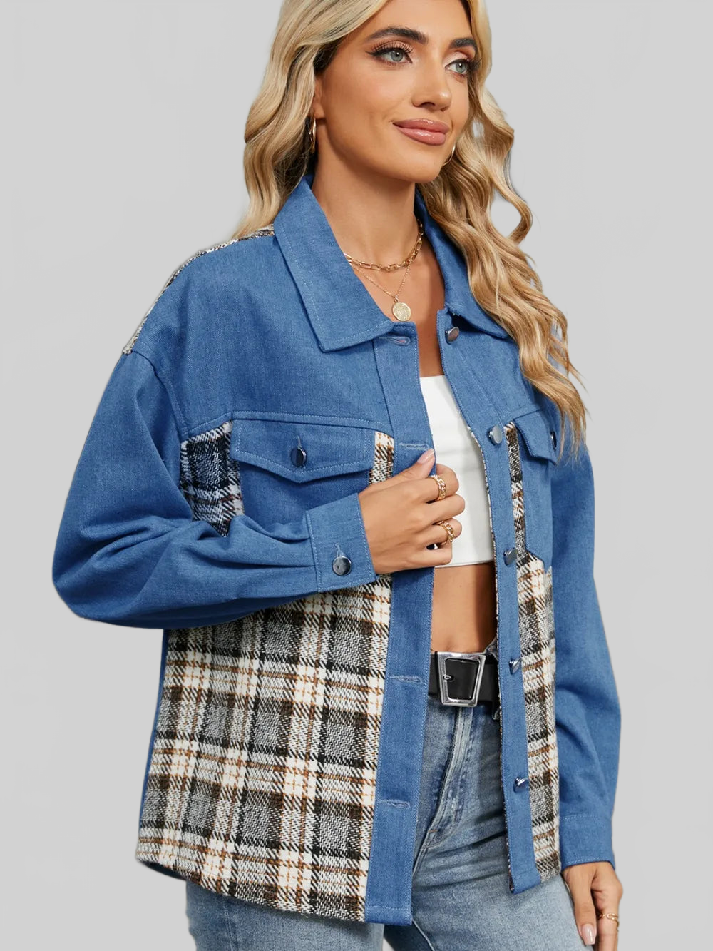 Plaid Button Up Long Sleeve Denim Jacket nicholesgifts