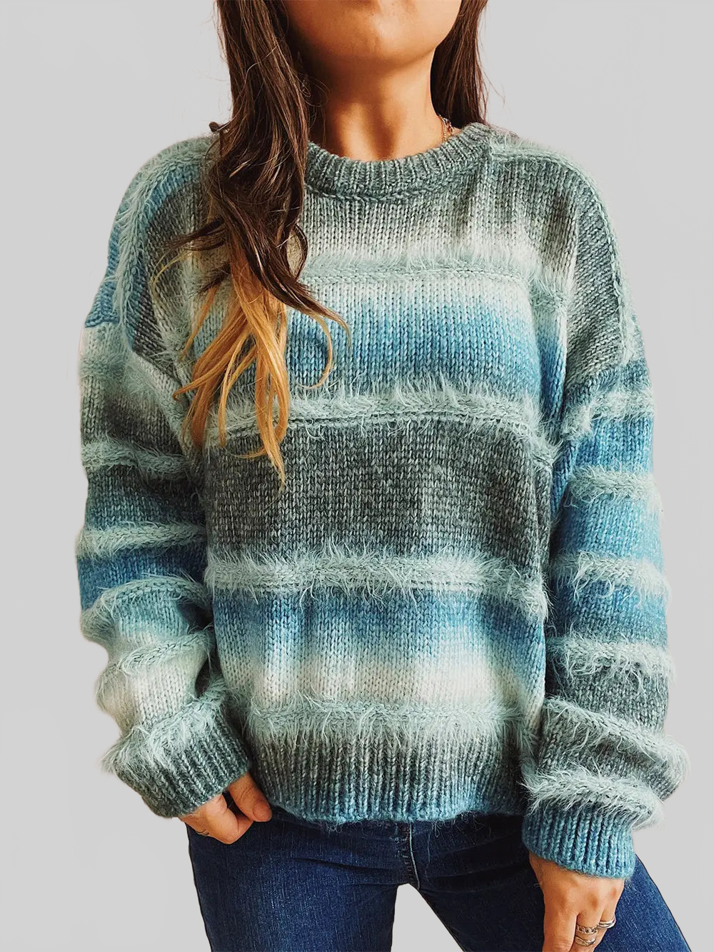 Women Striped Round Neck Long Sleeve Pullover Sweater nicholesgifts