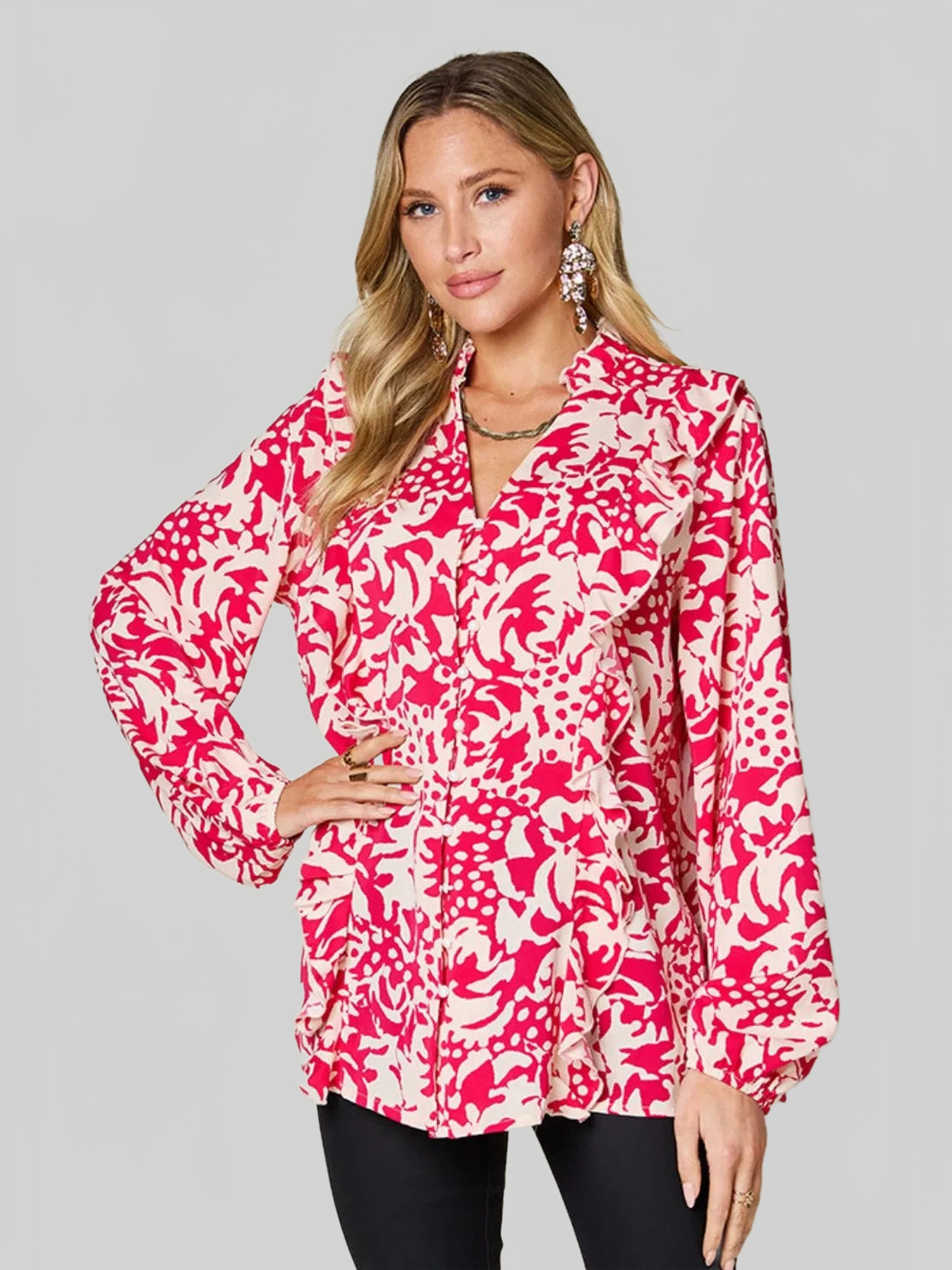 Women Double Take Full Size Printed Ruffle Trim Balloon Sleeve Shirt NicholesGifts