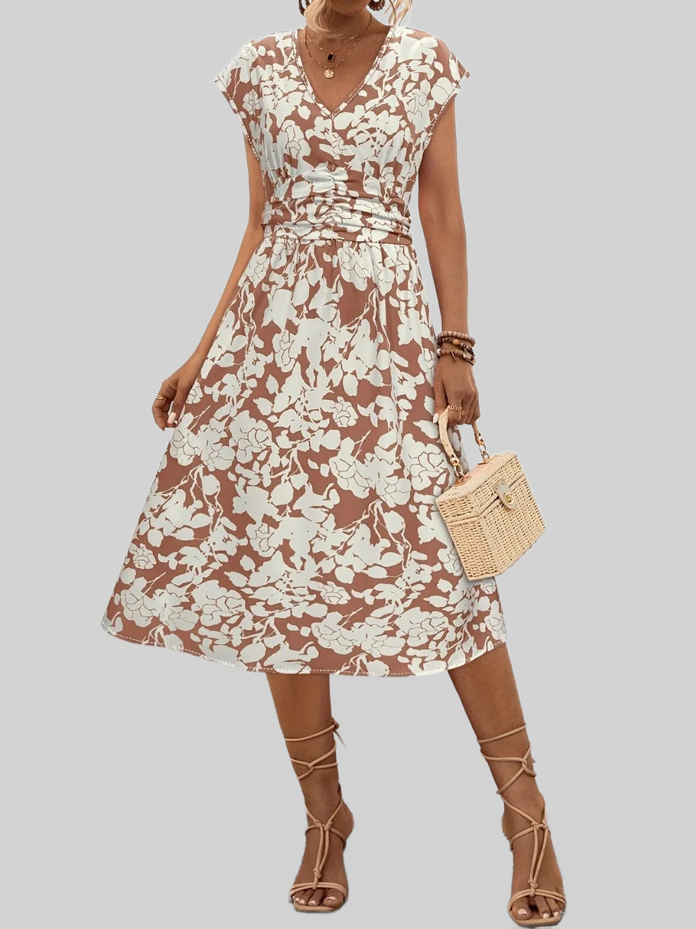 Printed V-Neck Cap Sleeve Midi Dress nicholesgifts