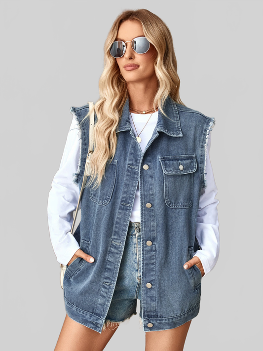 Raw Hem Sleeveless Button Up Denim Jacket NicholesGifts