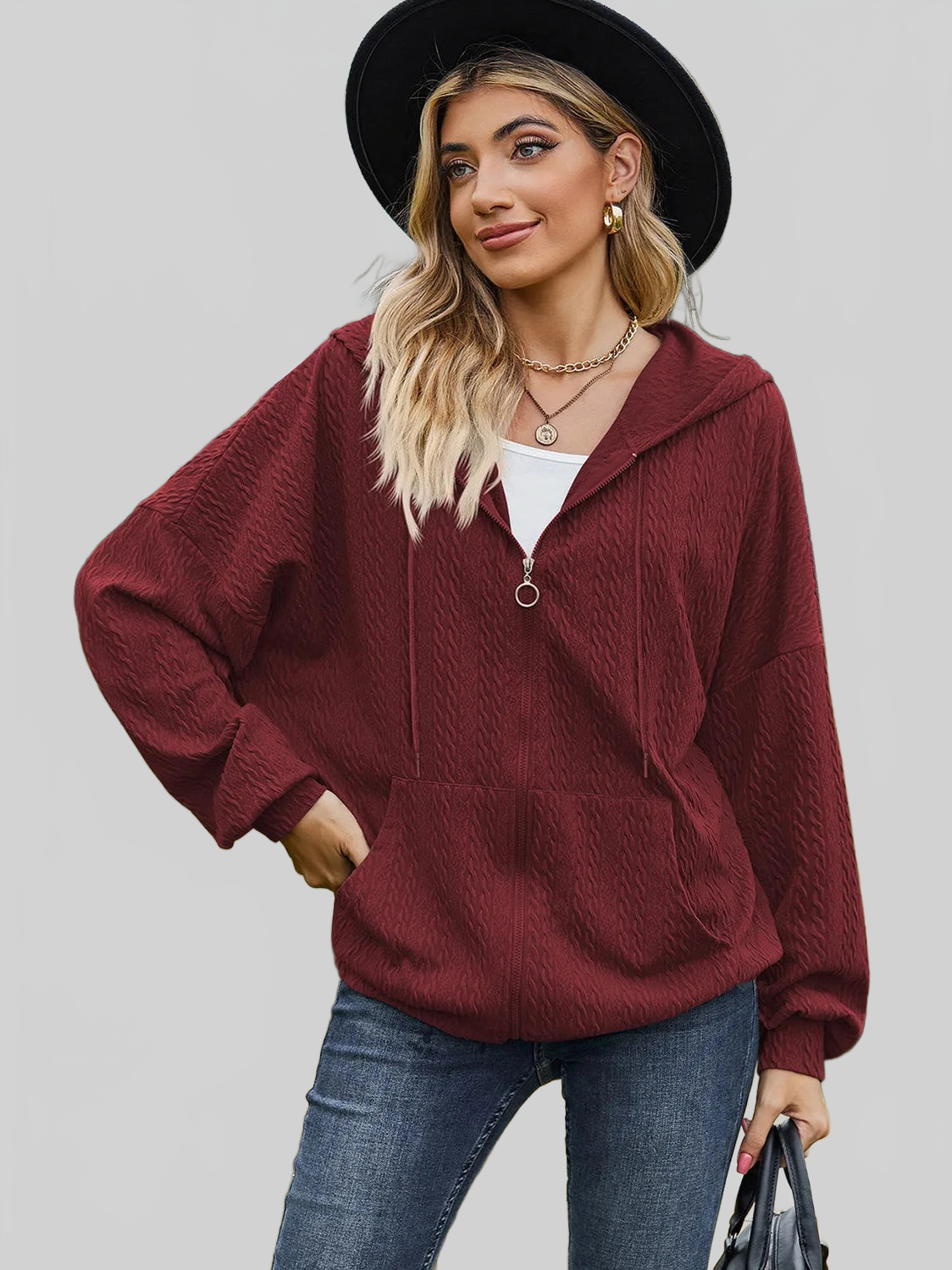 Drawstring Zip Up Dropped Shoulder Hoodie nicholesgifts