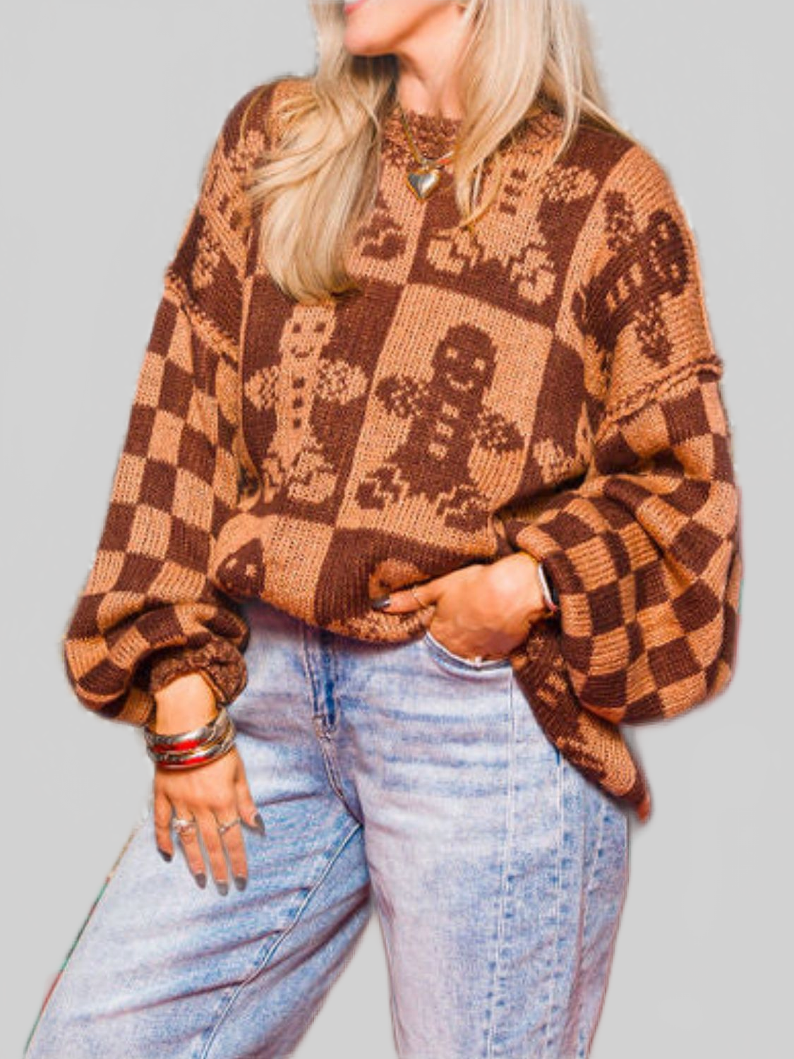 Women Christmas Gingerbread Man Round Neck Drop Shoulder Sweater NicholesGifts