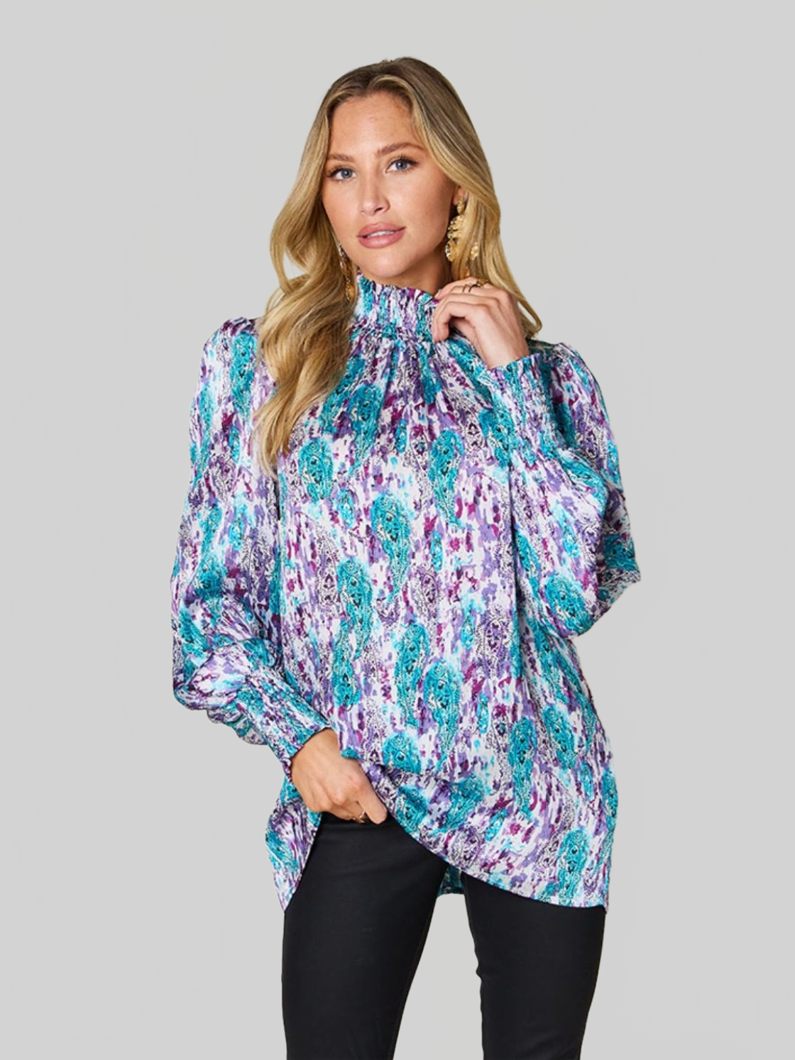 Women Double Take Full Size Printed Smocked Long Sleeve Blouse NicholesGifts