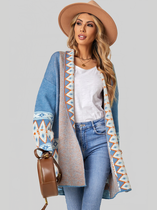 Women Geometric Open Front Long Sleeve Cardigan Sweater nicholesgifts