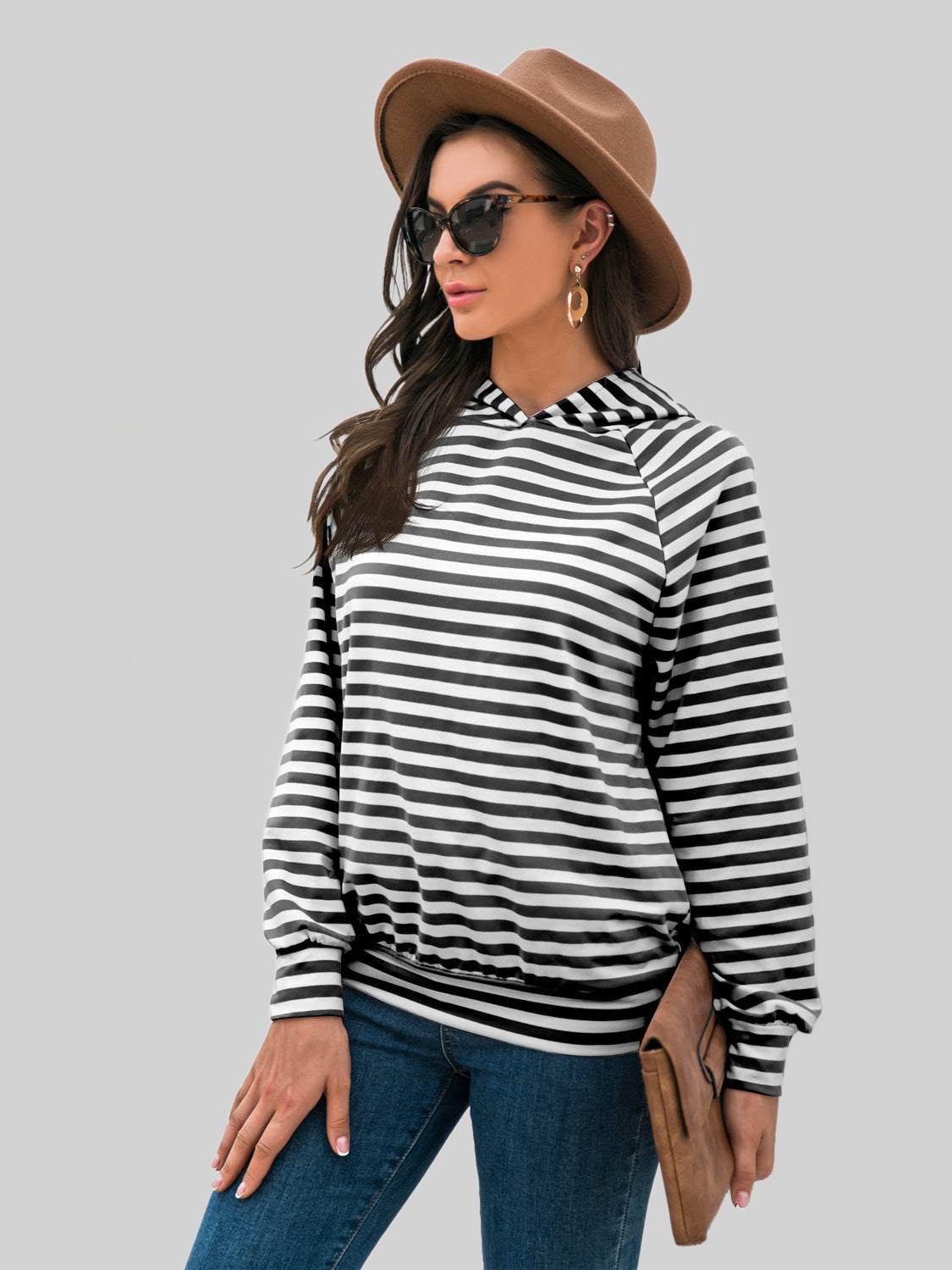 Women Horizontal Stripe Raglan Sleeve Hoodie NicholesGifts