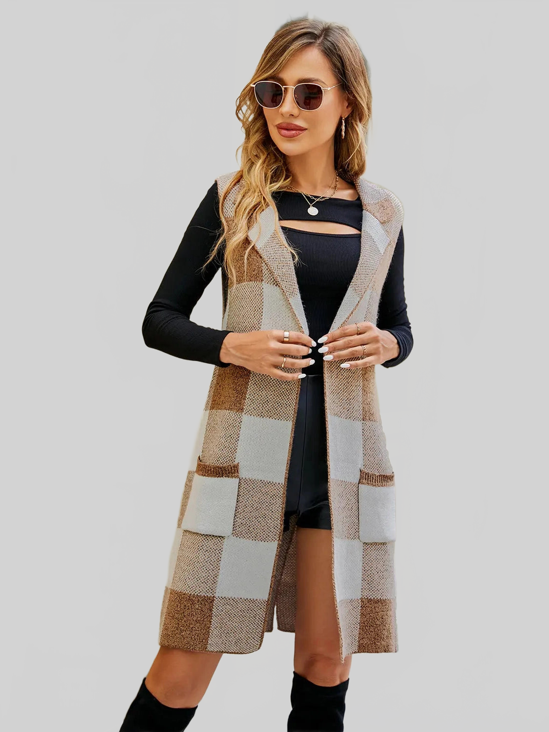 Women Plaid Open Front Sleeveless Cardigan with Pockets nicholesgifts