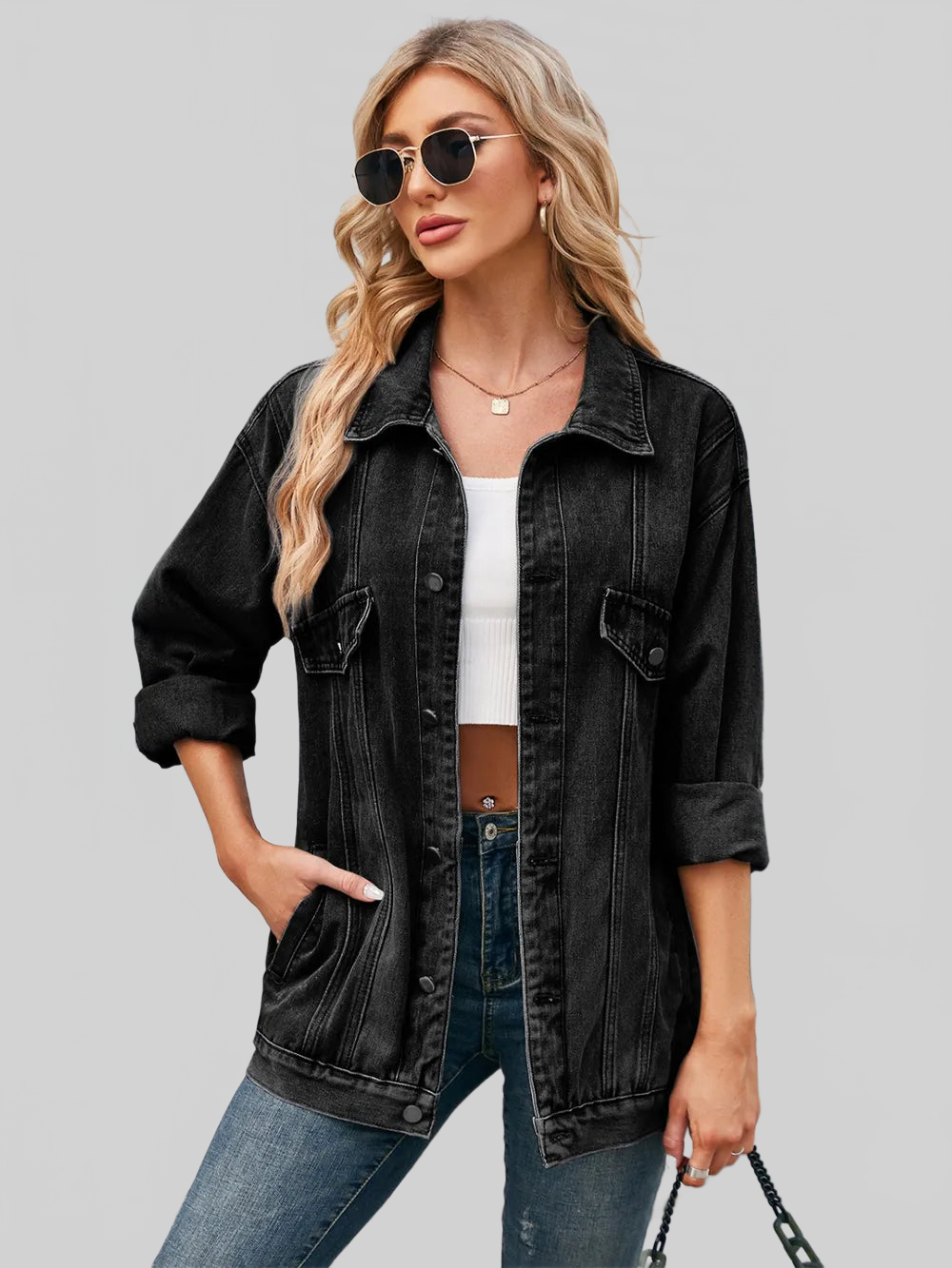 Button Up Long Sleeve Denim Jacket nicholesgifts