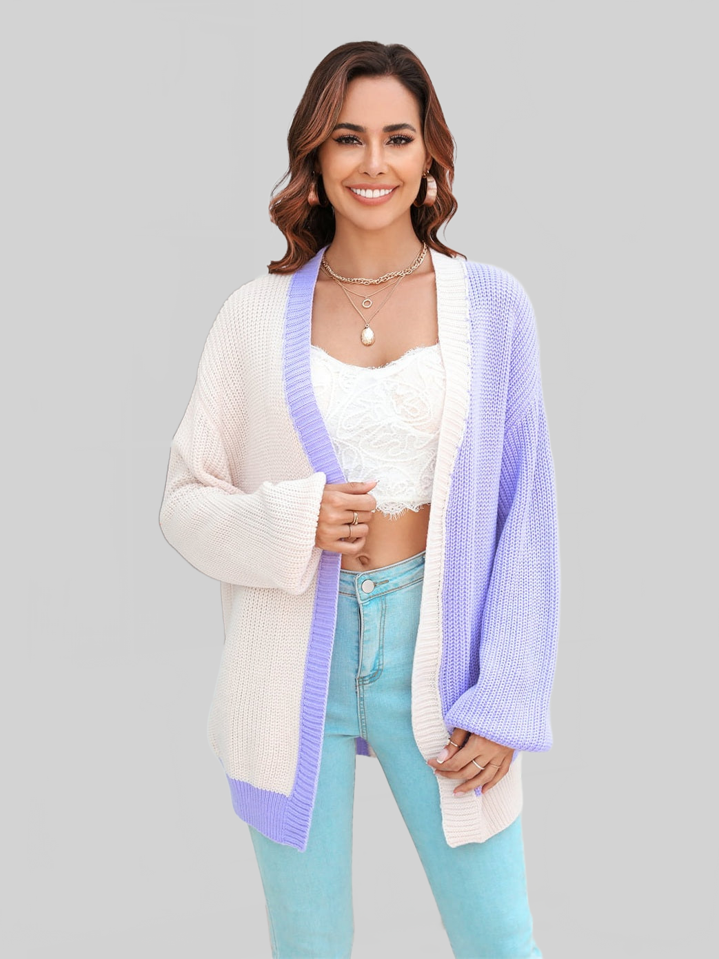 Angel Wings Open Front Contrast Color Balloon Sleeve Cardigan nicholesgifts