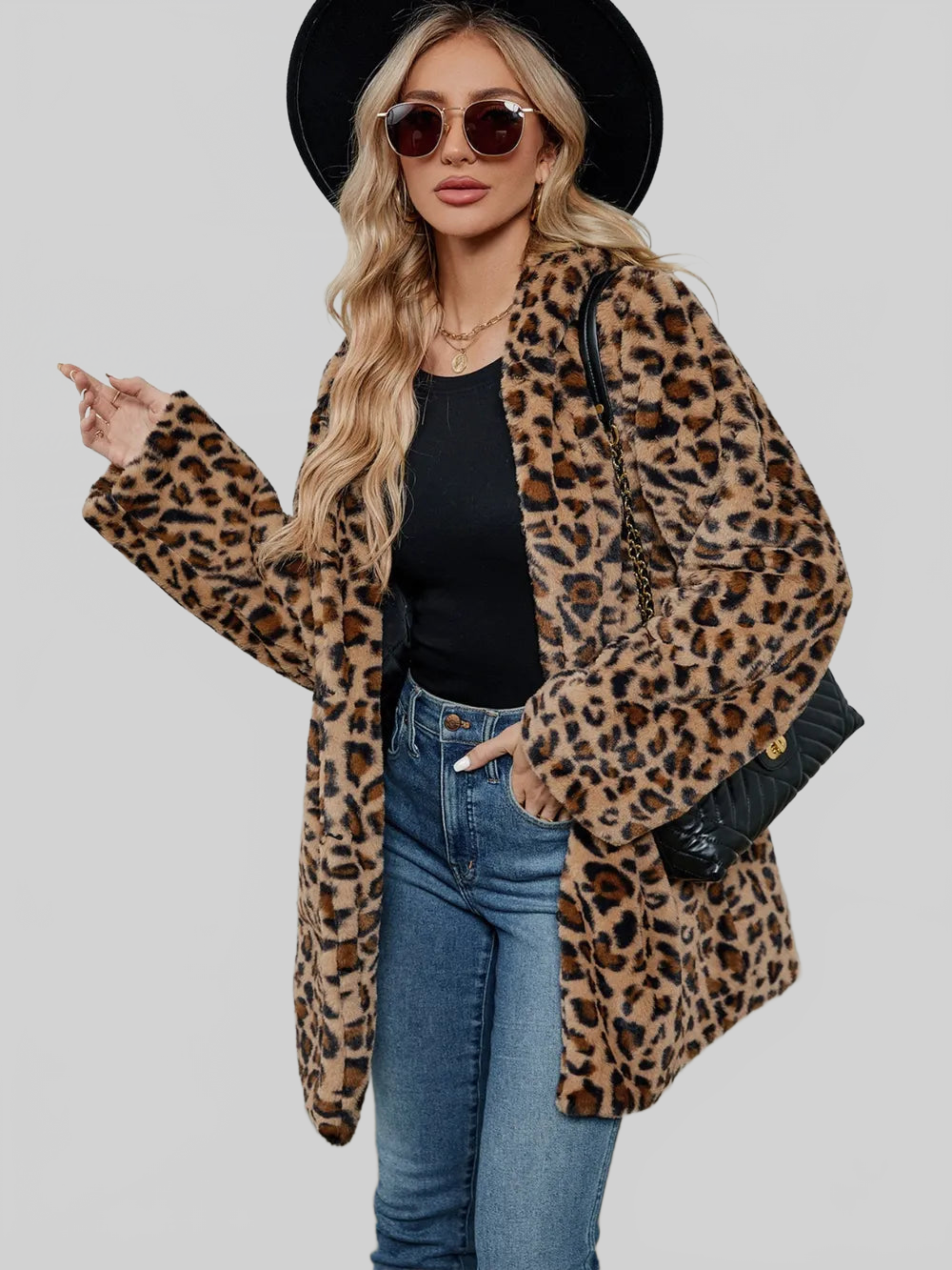 Fuzzy Leopard Hooded Long Sleeve Jacket nicholesgifts