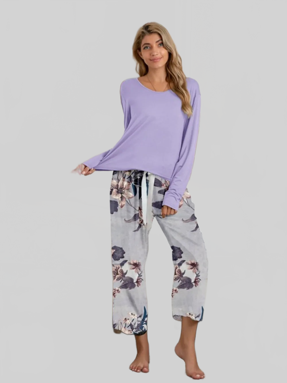 Round Neck Top and Printed Pants Lounge Set nicholesgifts