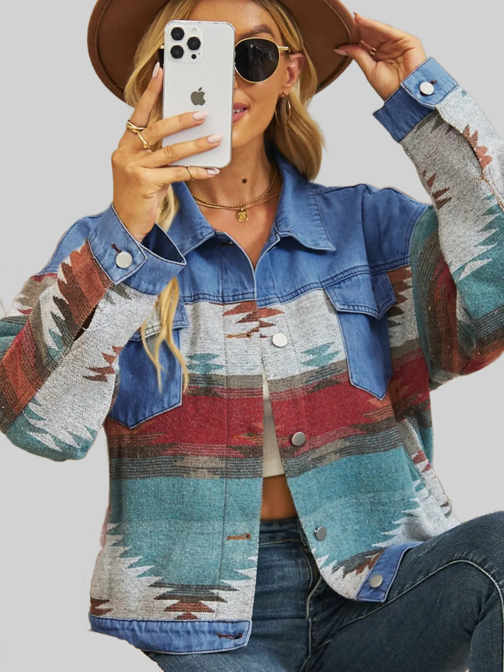 Geometric Button Up Dropped Shoulder Denim Jacket nicholesgifts
