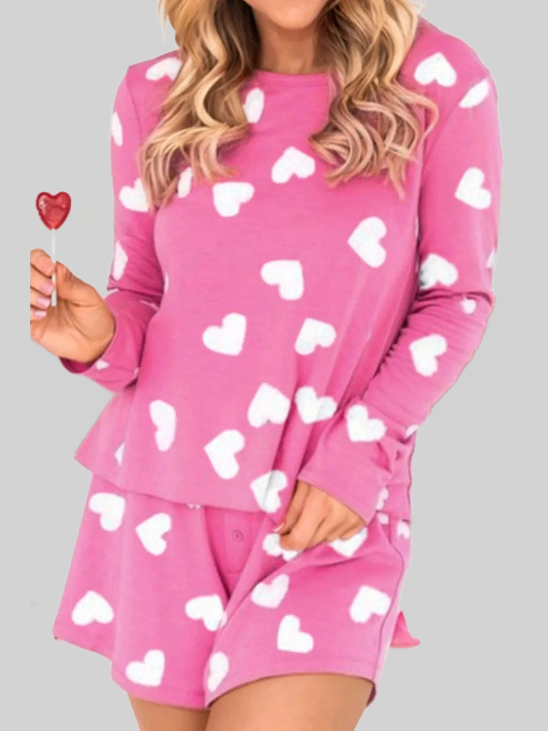 Heart Round Neck Long Sleeve Top and Elastic Waist Shorts Set nicholesgifts