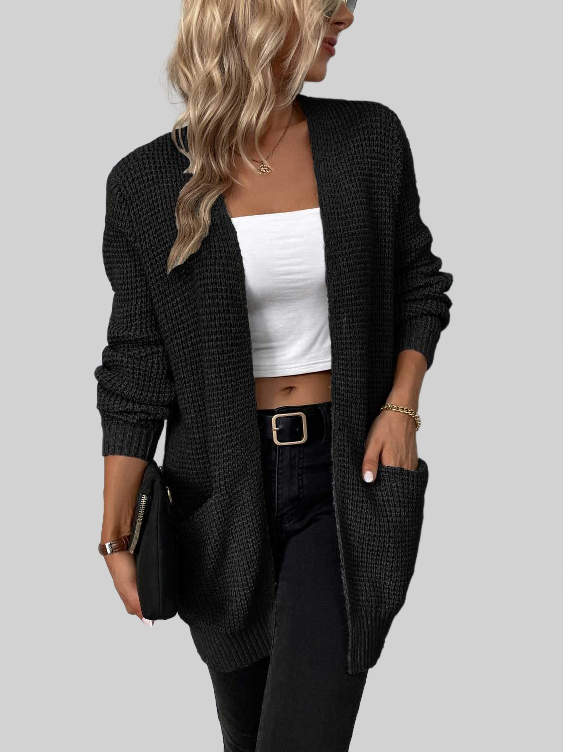 Rib-Knit Open Front Pocketed Cardigan nicholesgifts