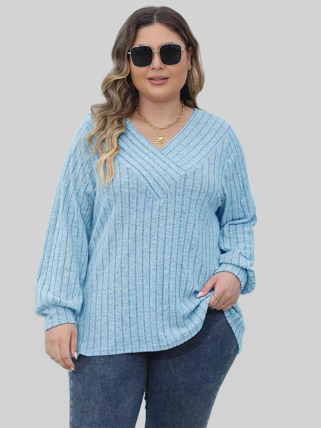 Plus Size Women Ribbed V-Neck Long Sleeve Top NicholesGifts
