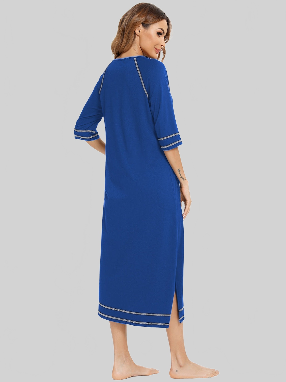 Zip Up Slit Round Neck Night Dress with Pockets nicholesgifts