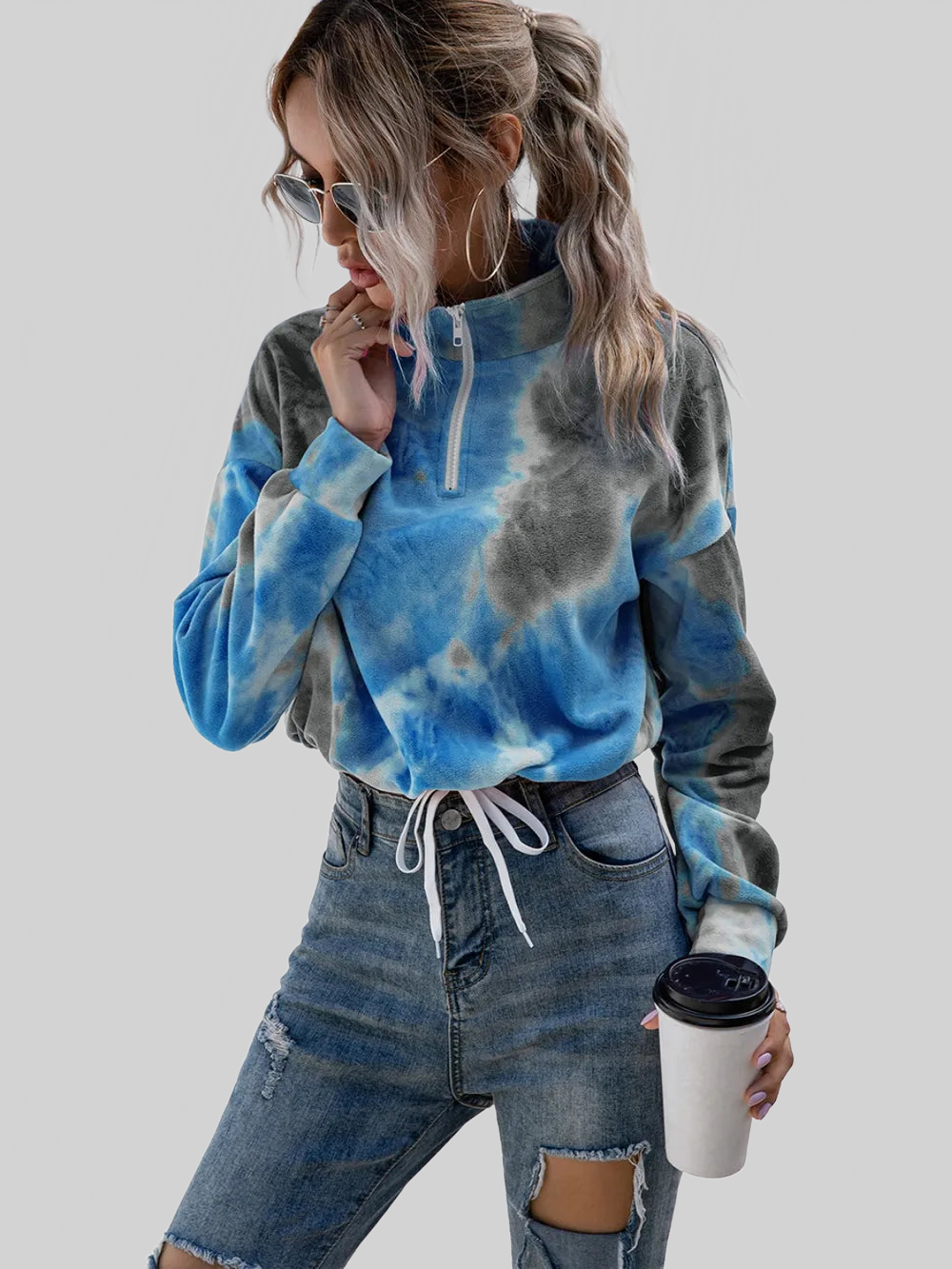 Women Ivy Lane Tie-Dye Quarter Zip Dropped Shoulder Sweatshirt nicholesgifts