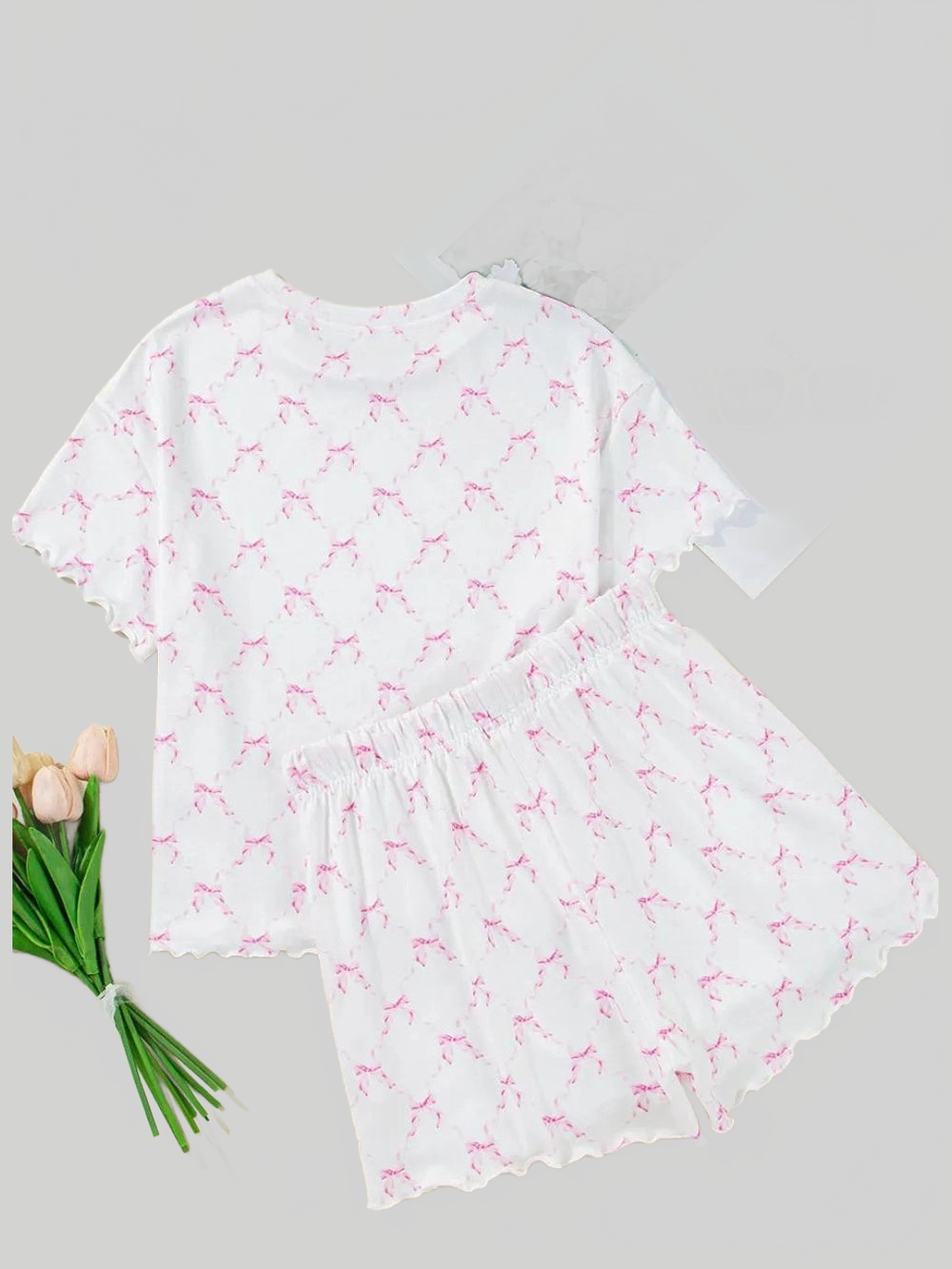 Bow Print Lettuce Trim Round Neck Top and Shorts Lounge Set nicholesgifts
