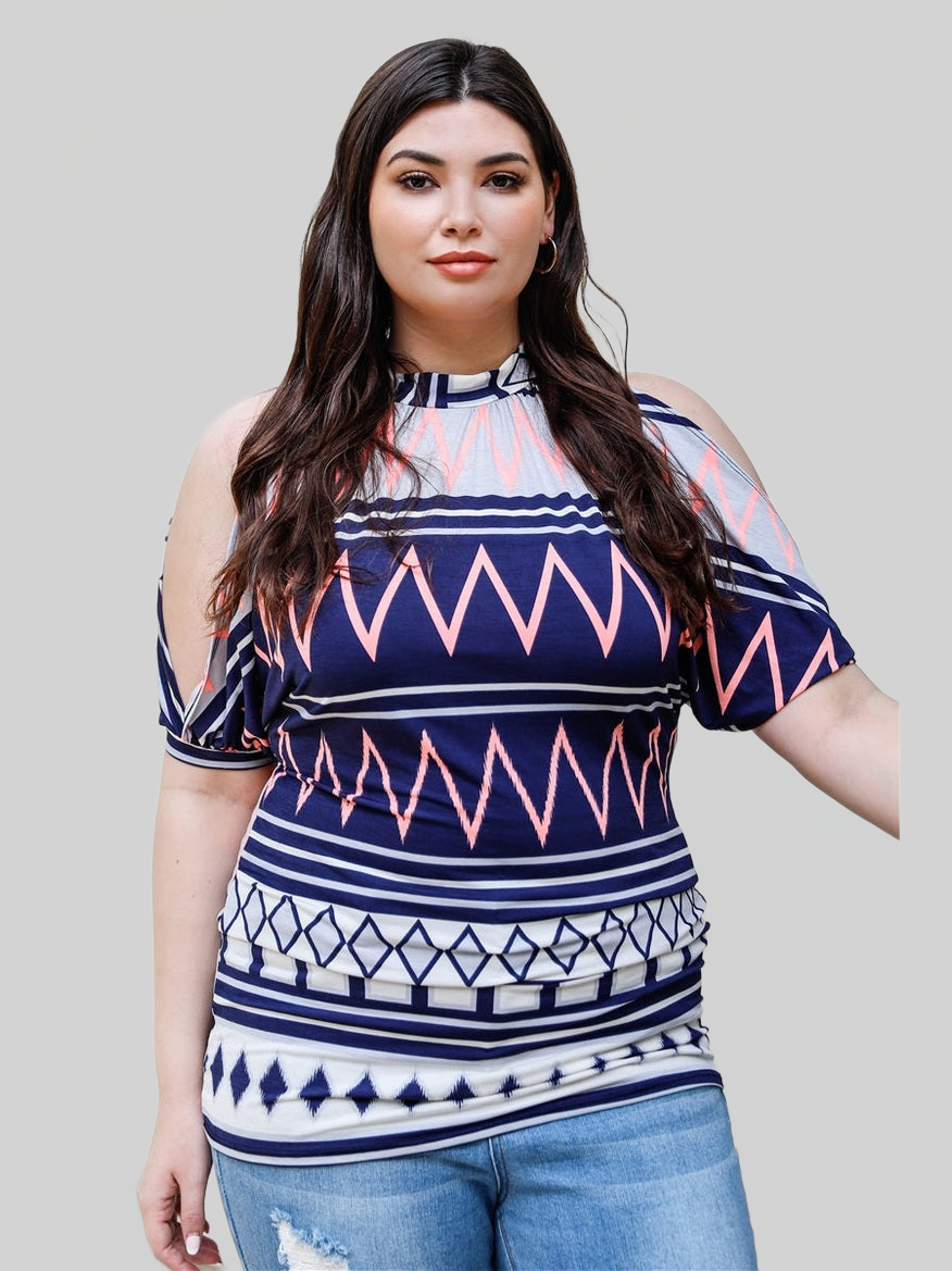 Plus Size Women Polka Dot Cold Shoulder Short Sleeve Back Self-tie Top NicholesGifts