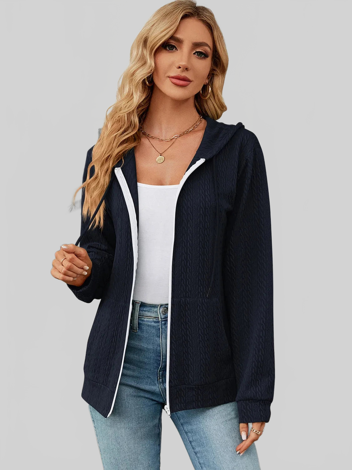 Drawstring Zip Up Long Sleeve Hoodie NicholesGifts