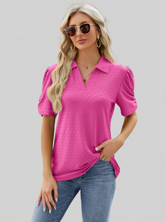 Women Eyelet Johnny Collar Puff Sleeve Blouse nicholesgifts