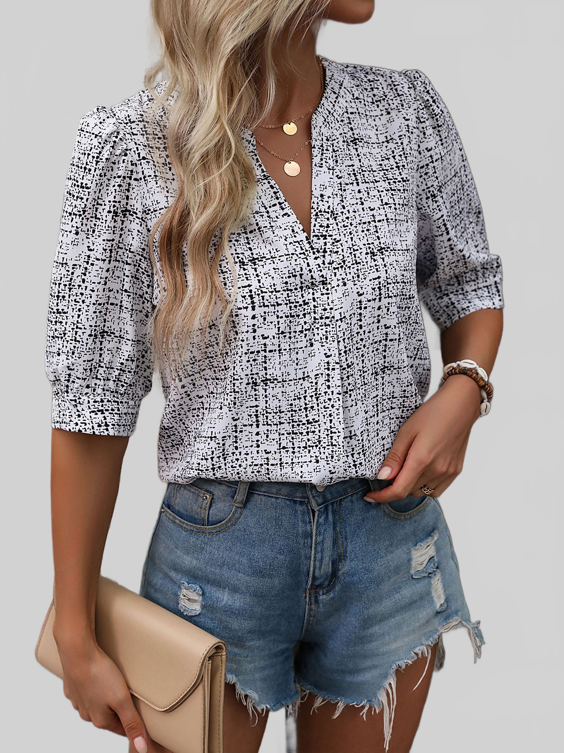 Printed Notched Half Sleeve Blouse nicholesgifts