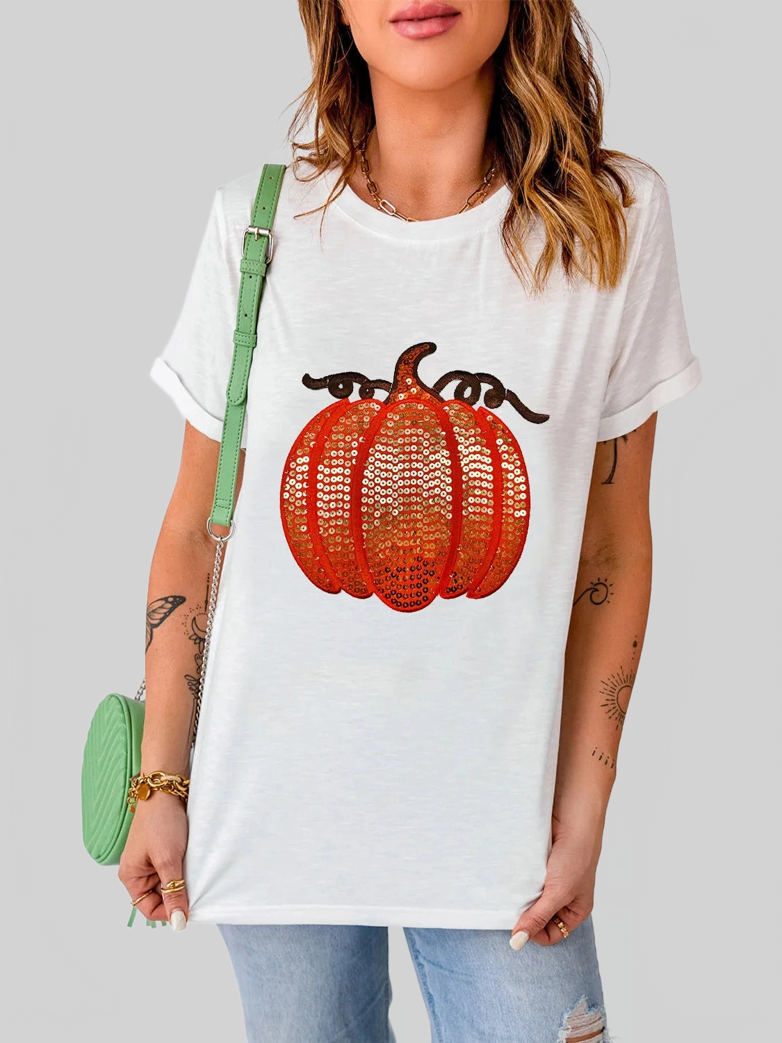 Full Size Sequin Pumpkin Round Neck Short Sleeve T-Shirt nicholesgifts