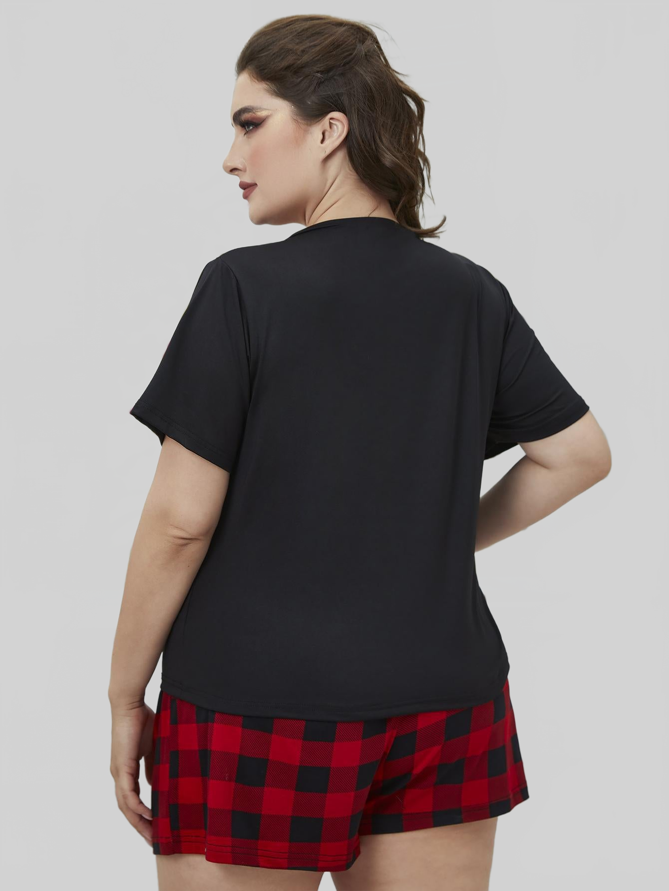 Plus Size Round Neck Tee Shirt and Plaid Shorts Lounge Set nicholesgifts