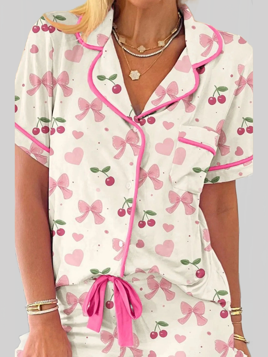 Printed Button Up Short Sleeve Top and Shorts Lounge Set nicholesgifts