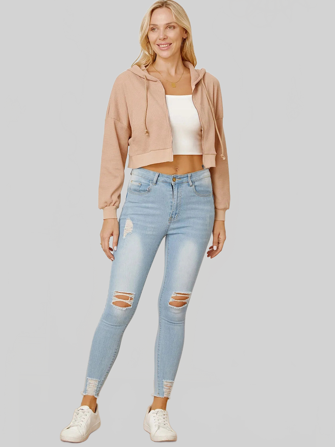 Waffle-Knit Drawstring Zip Up Hoodie NicholesGifts