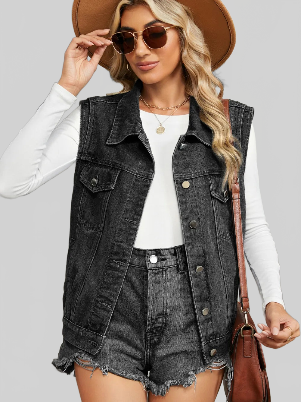 Pocketed Button Up Sleeveless Denim Jacket nicholesgifts