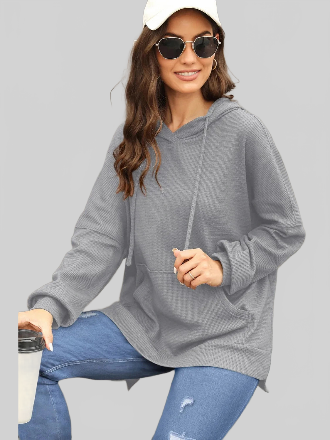 Waffle-Knit Long Sleeve Hoodie nicholesgifts